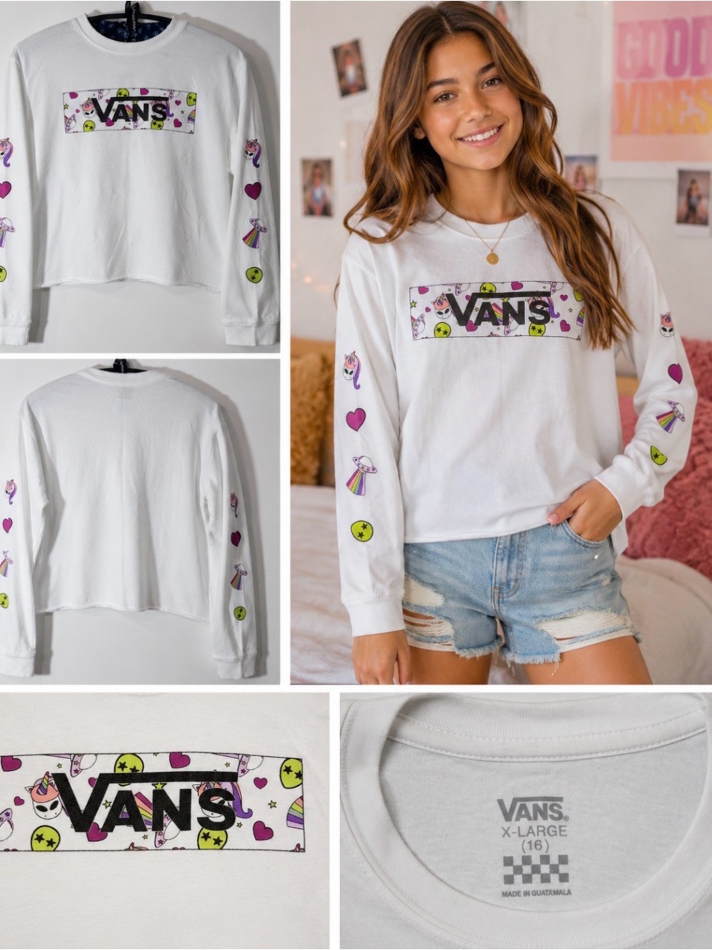 Vans White Long Sleeve Shirt with Colorful Space Alien & Unicorn Graphics